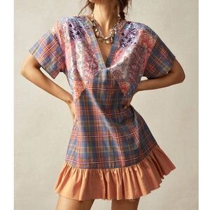 Boho Floral Plaid Print V neck Ruffle Hem Mini Dress